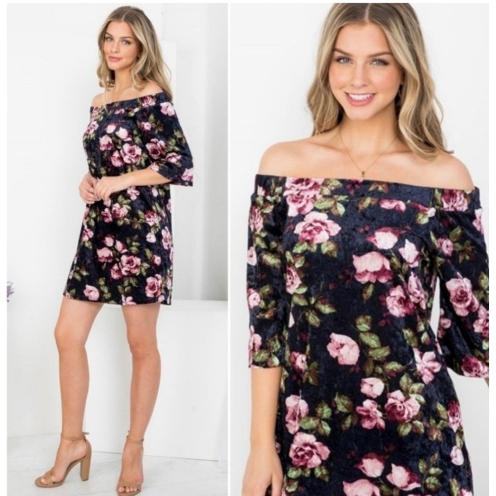Oddi Womens Floral Crushed Velvet Off Shoulder Mini Dress Navy Pink Size M NWOT